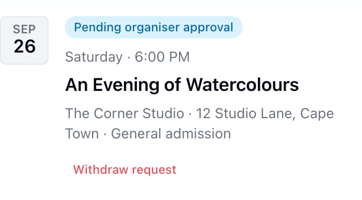 A pending workshop booking in My Tickets with an approval status and Withdraw request action.