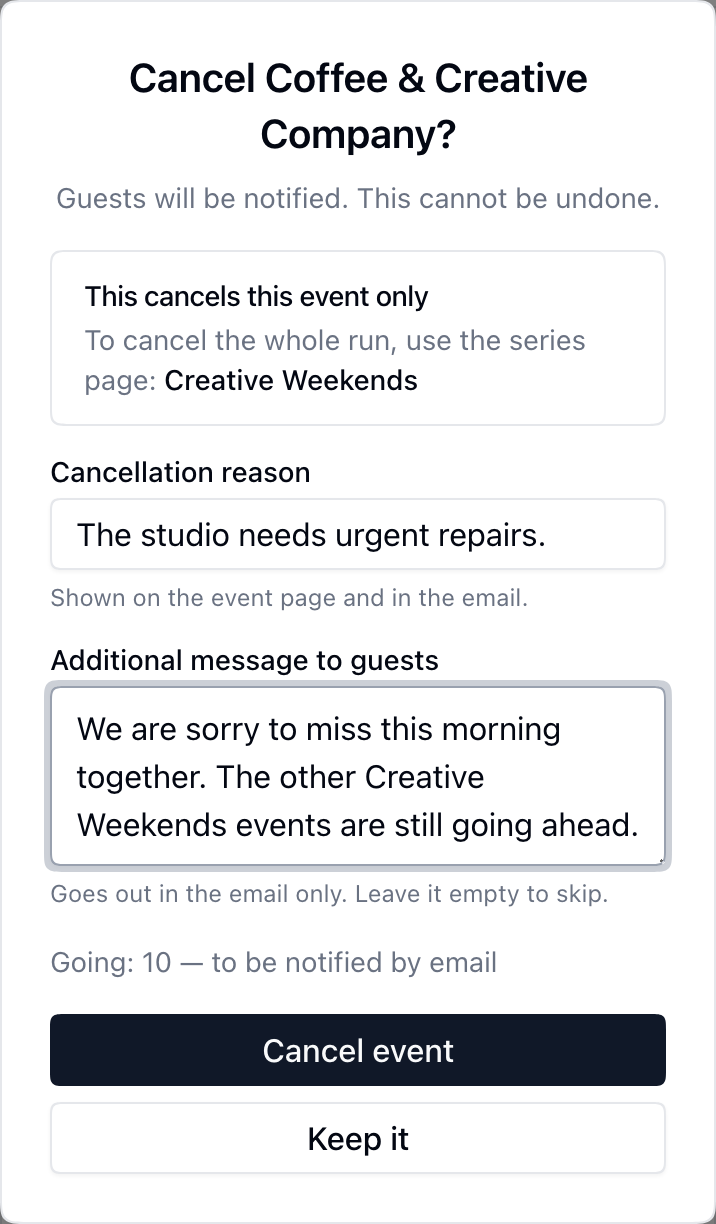 Event cancellation dialog showing the reason, message, affected guests and notice that only this series event is cancelled.