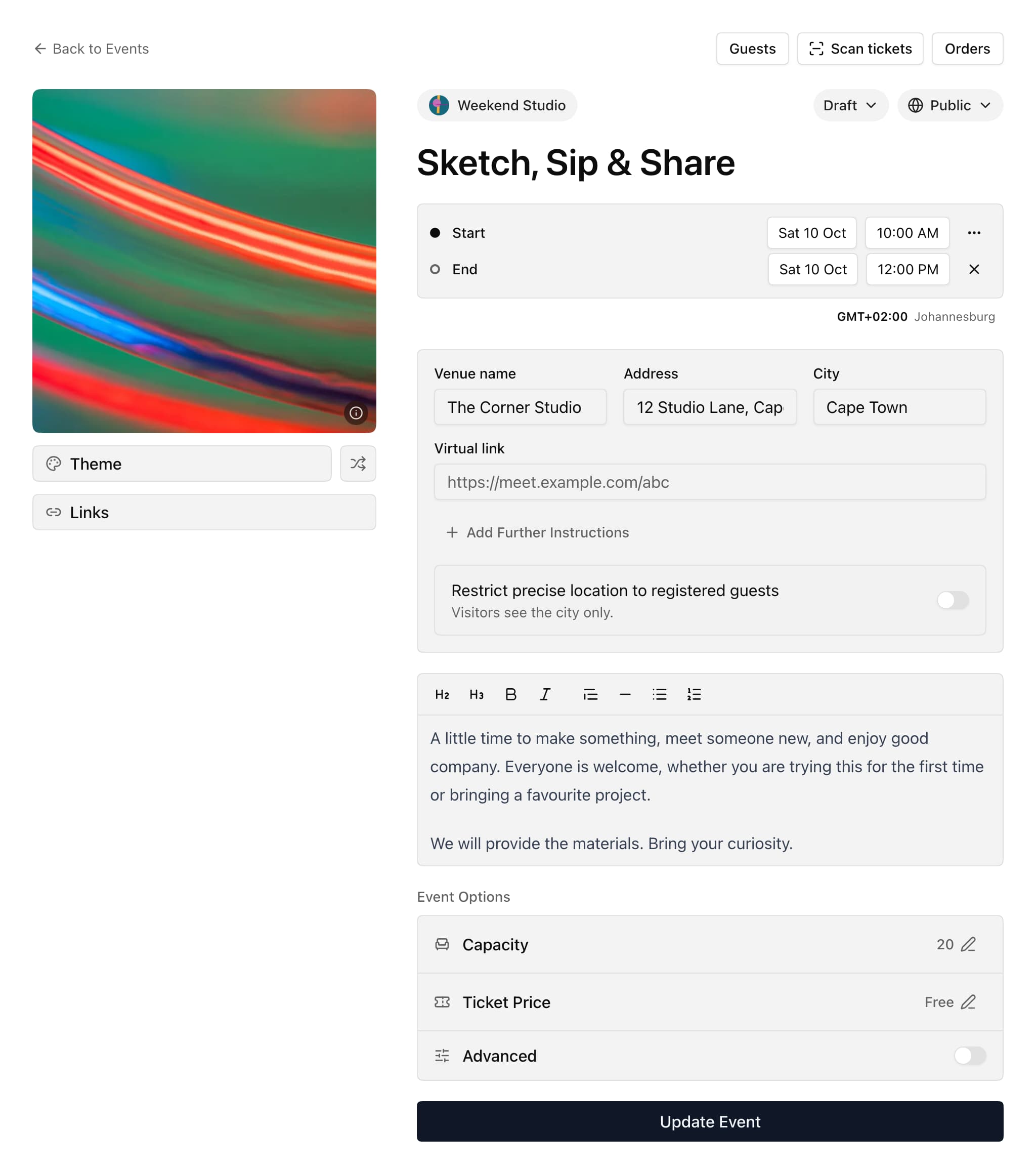 The event editor with a cover, event name, date, location, description and free tickets.