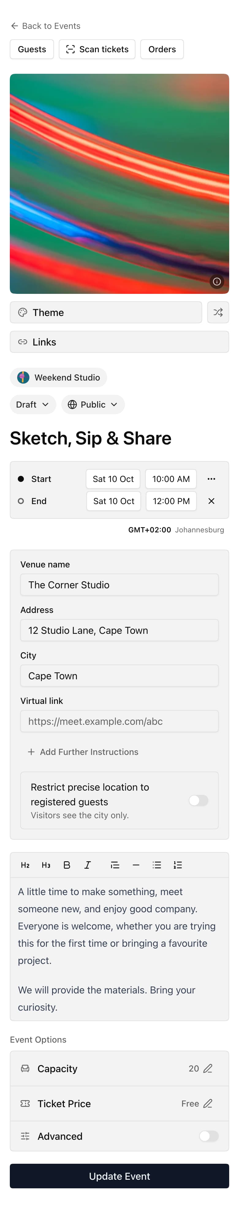 The event editor with a cover, event name, date, location, description and free tickets.
