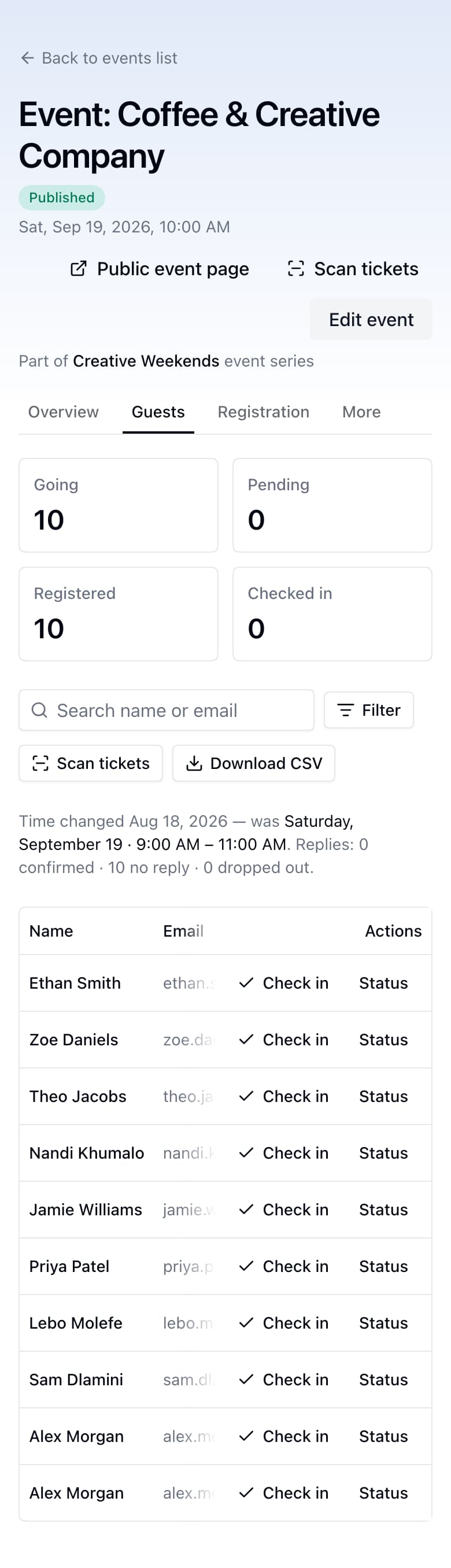 An event guest list with attendance totals, search, filters and individual guest rows.