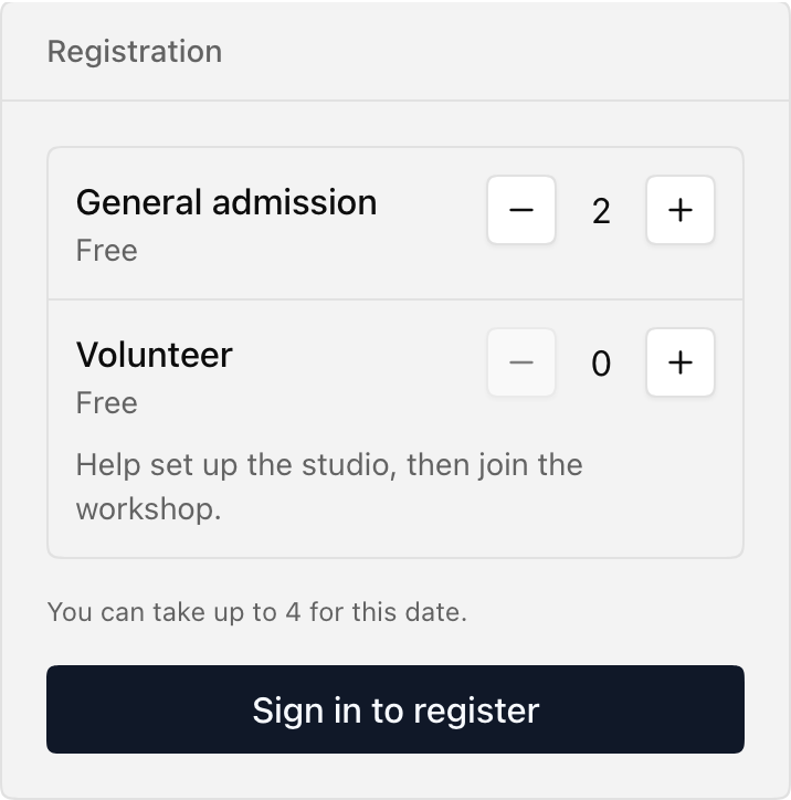 Registration panel with General admission and Volunteer tickets sharing a four-ticket customer limit.