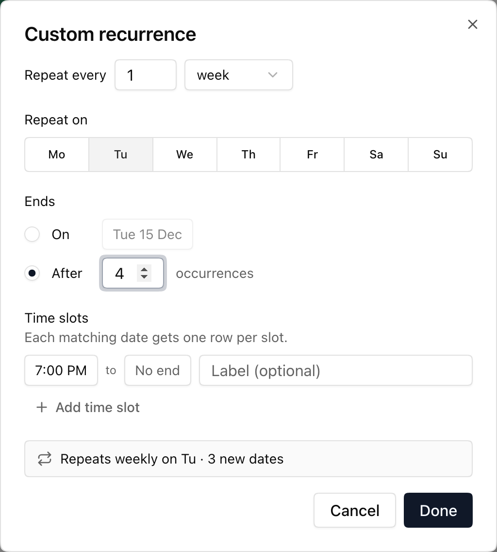 Custom recurrence dialog with a weekly schedule, four occurrences and a time slot.