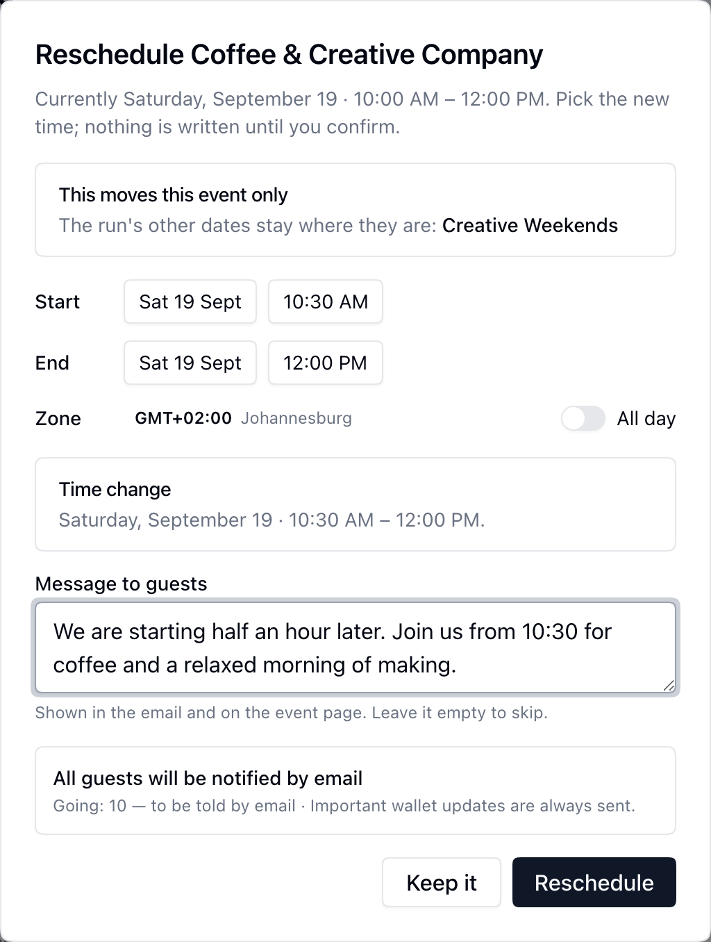 The reschedule dialog showing a changed start time, a message to guests and who will be notified.