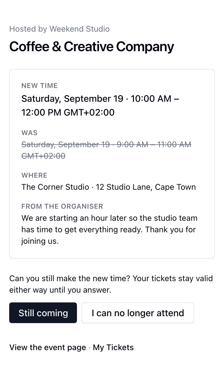 Reschedule reply page with the old and new times, the host’s note, and attendance reply buttons.