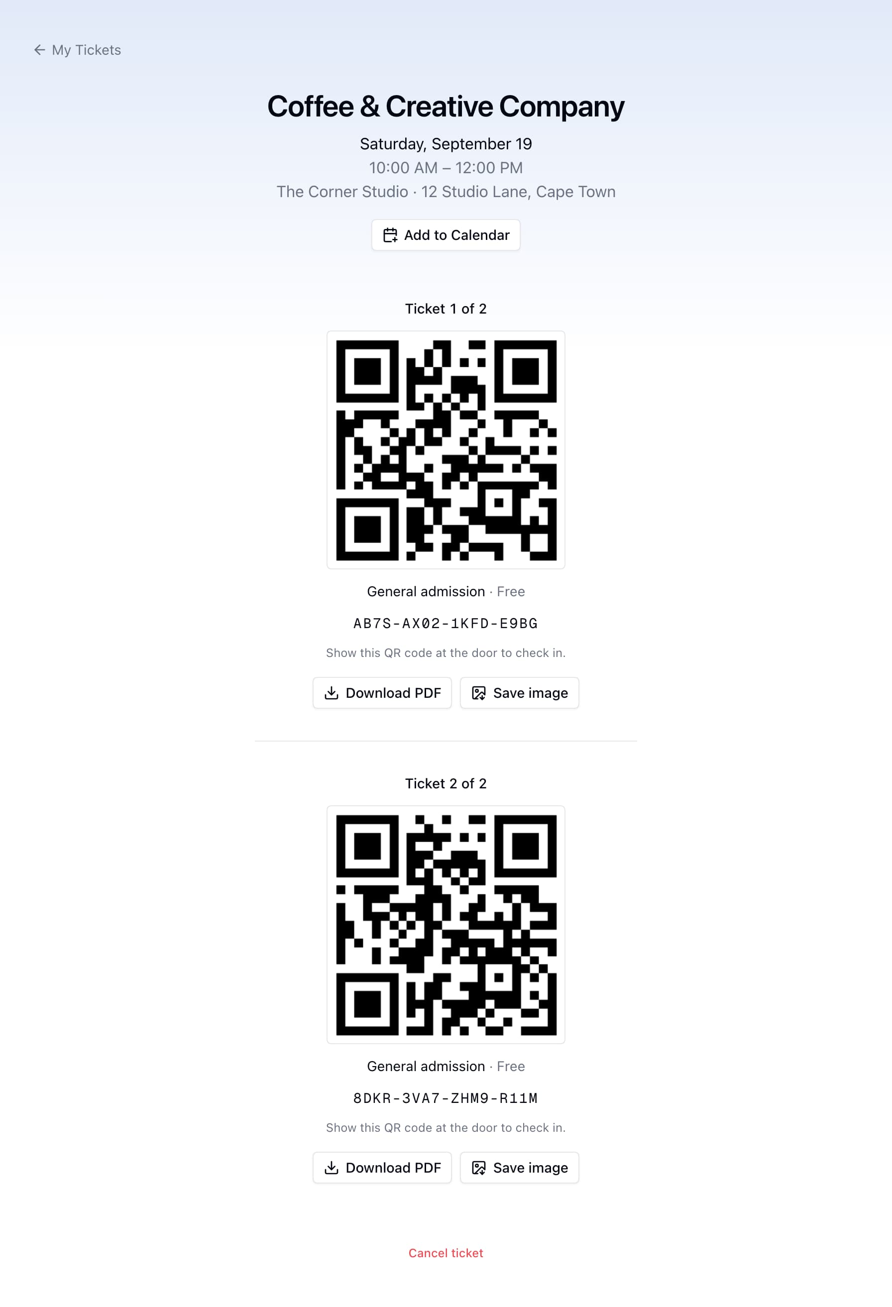 A two-seat booking with a separate QR code and download actions for each ticket.
