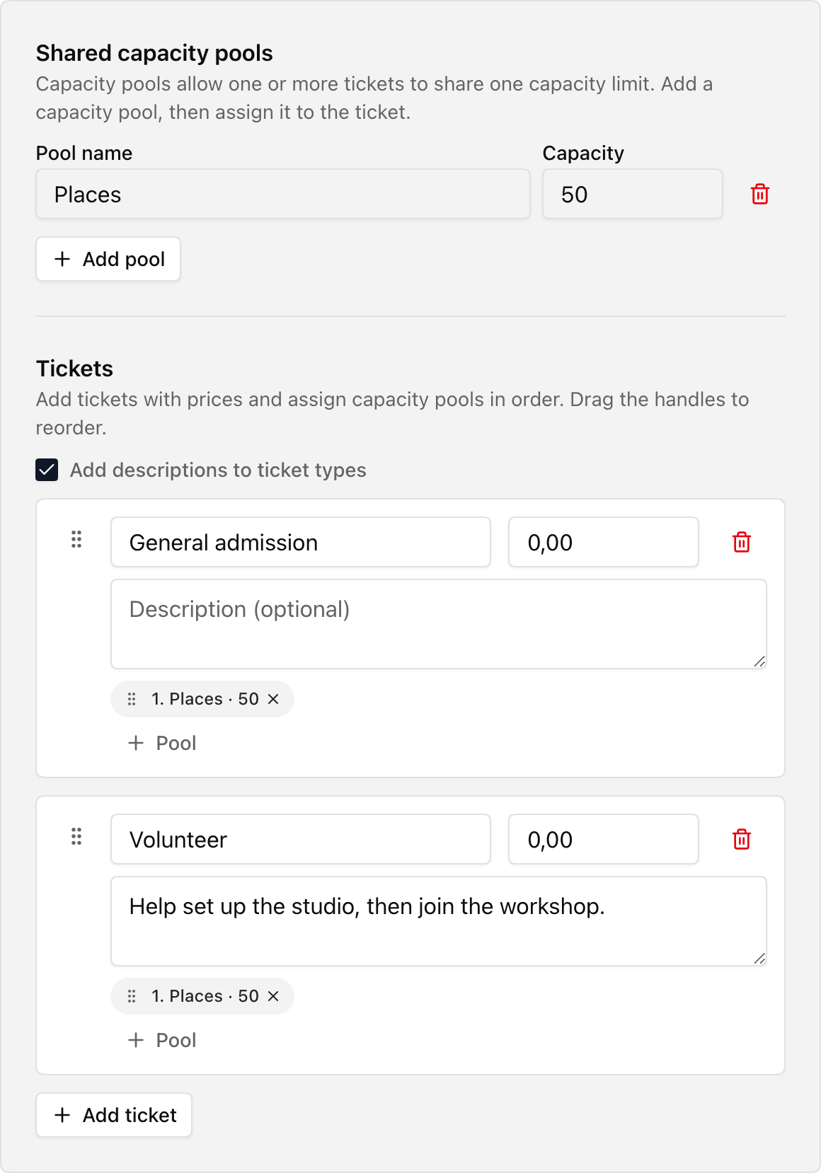Advanced ticket settings with a Places capacity pool of 50 shared by General admission and Volunteer.