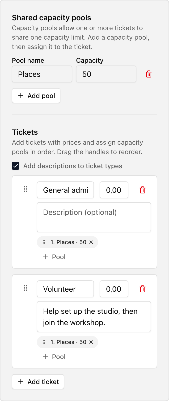 Advanced ticket settings with a Places capacity pool of 50 shared by General admission and Volunteer.