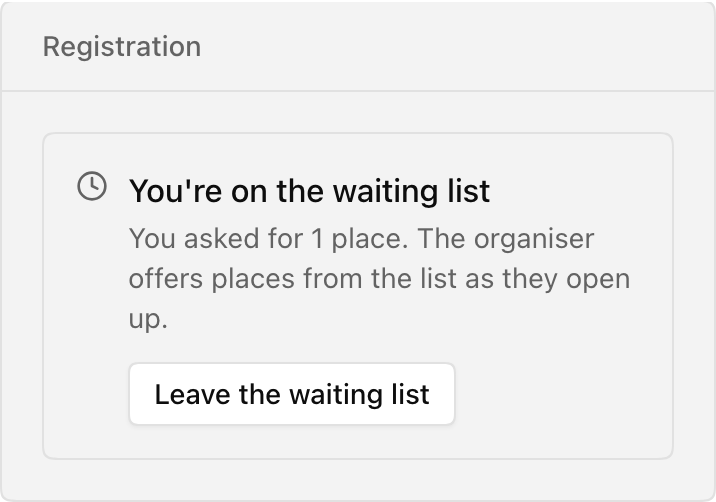 Registration panel showing a waiting-list entry and the option to leave the waiting list.